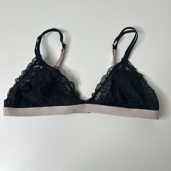 Black With Nude Edging Triangle Lace Bralette Adj Straps Hook & Eye Close Large - Picture 12 of 12